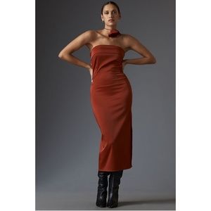 By Anthropologie Strapless Cowl-Back Midi Dress Red Satin Medium - NWT